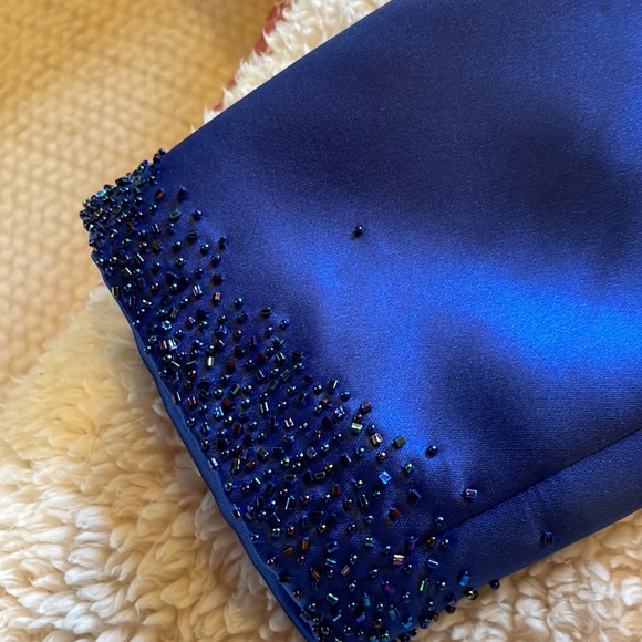 Two piece evening royal blue satin and beaded long skirt and jacket - Picture 5 of 8